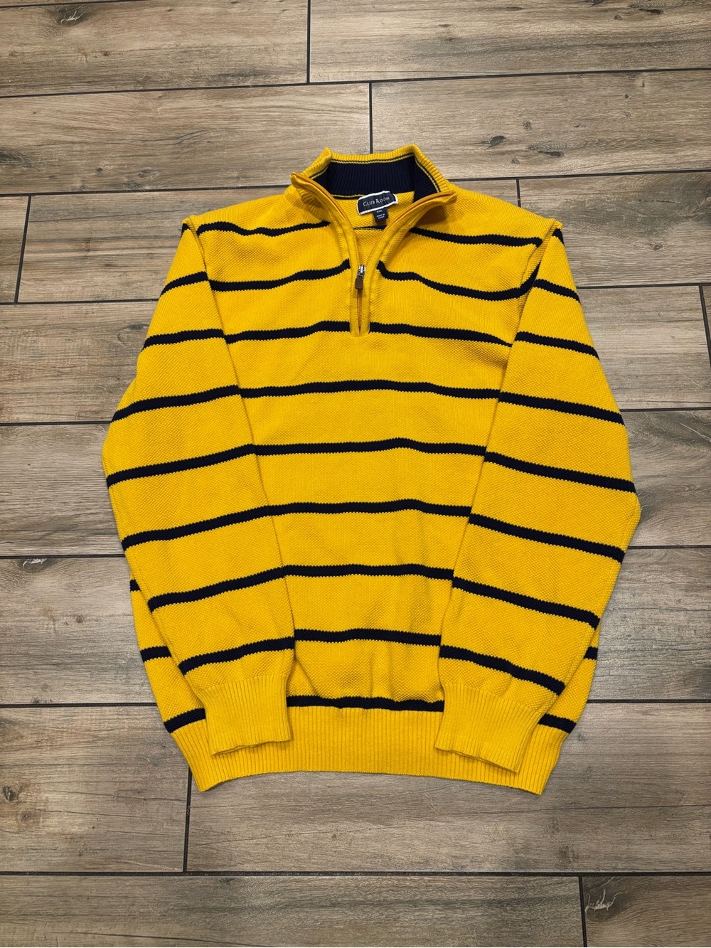 Vintage Club Room Striped 1/4 Zip Sweater Yellow Navy Blue Size L